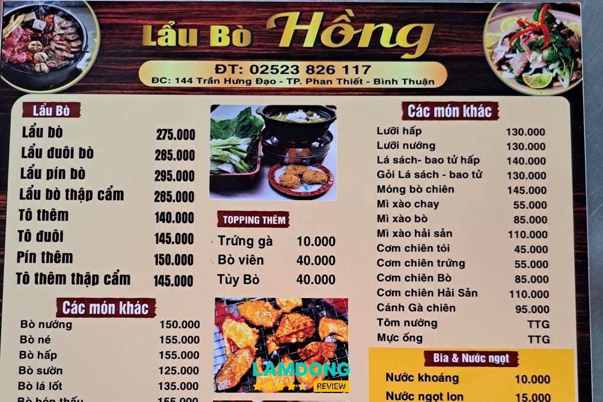 Menu Quán lẩu Bò Hồng tại Phan Thiết