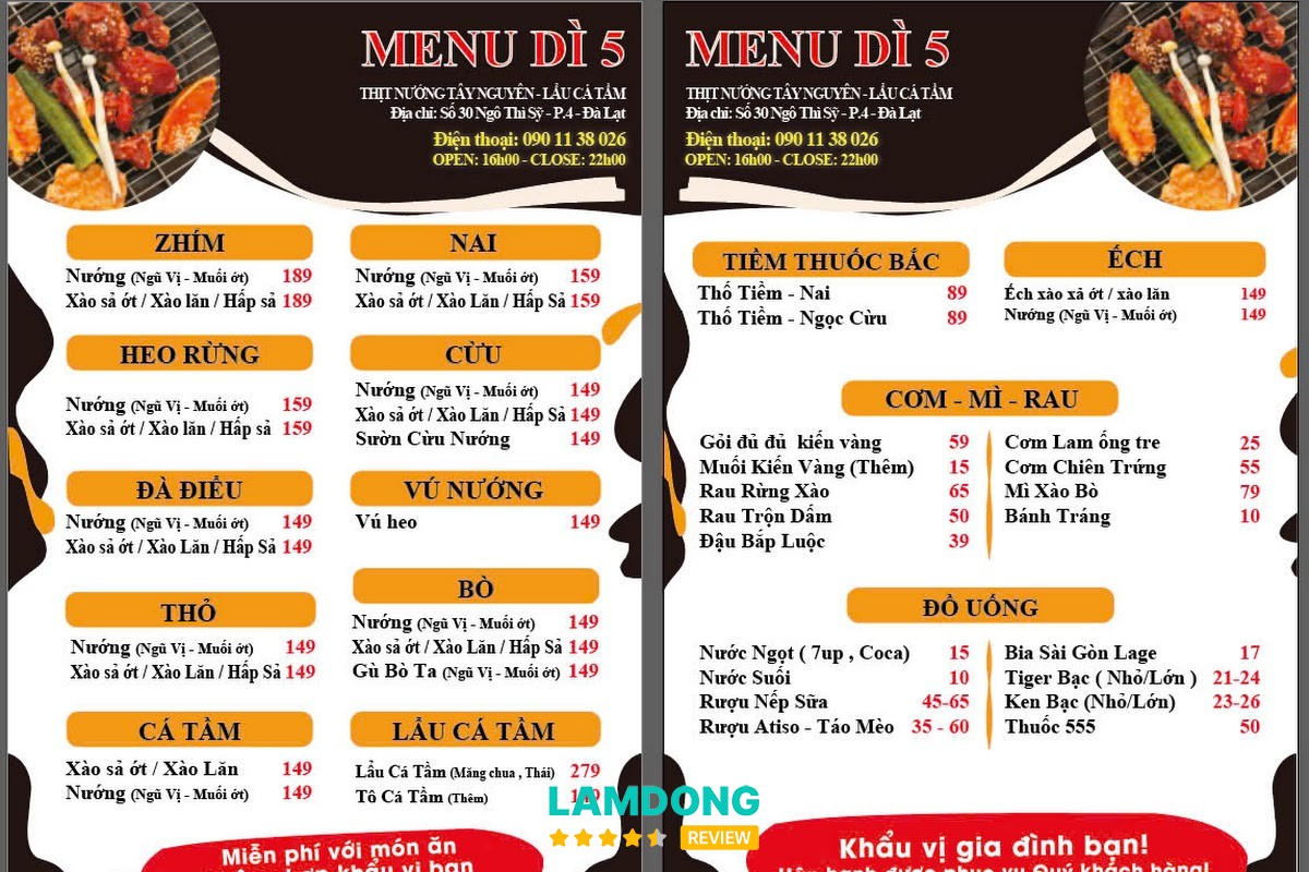 Menu Quán Dì 5 Đà Lạt