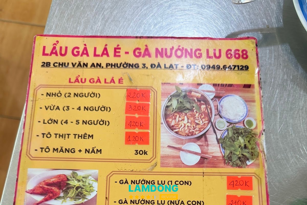 Menu Lẩu gà lá é-gà nướng lu 668 tại Đà Lạt
