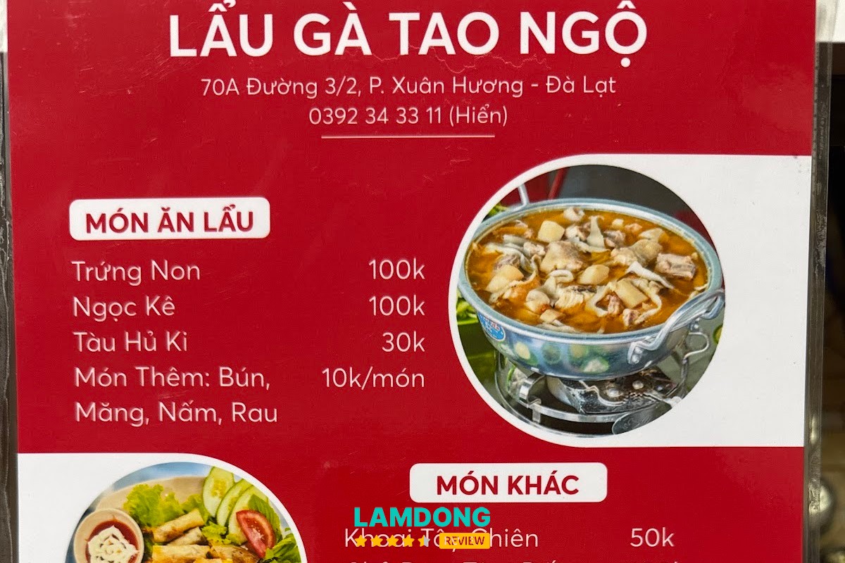 Menu Lẩu Gà Lá É TAO NGỘ 70A 3 tháng 2 Đà Lạt