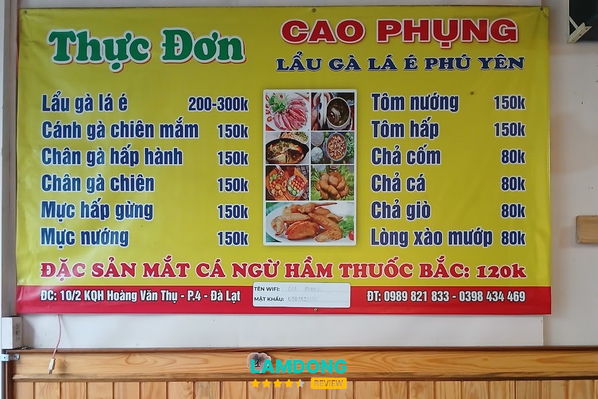 Menu Lẩu gà lá é Cao Phụng tại Đà Lạt
