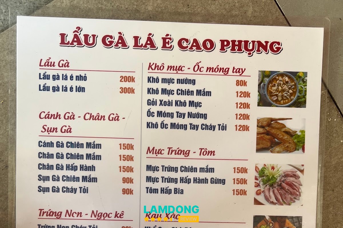 Hình ảnh menu tại Lẩu gà lá é Cao Phụng