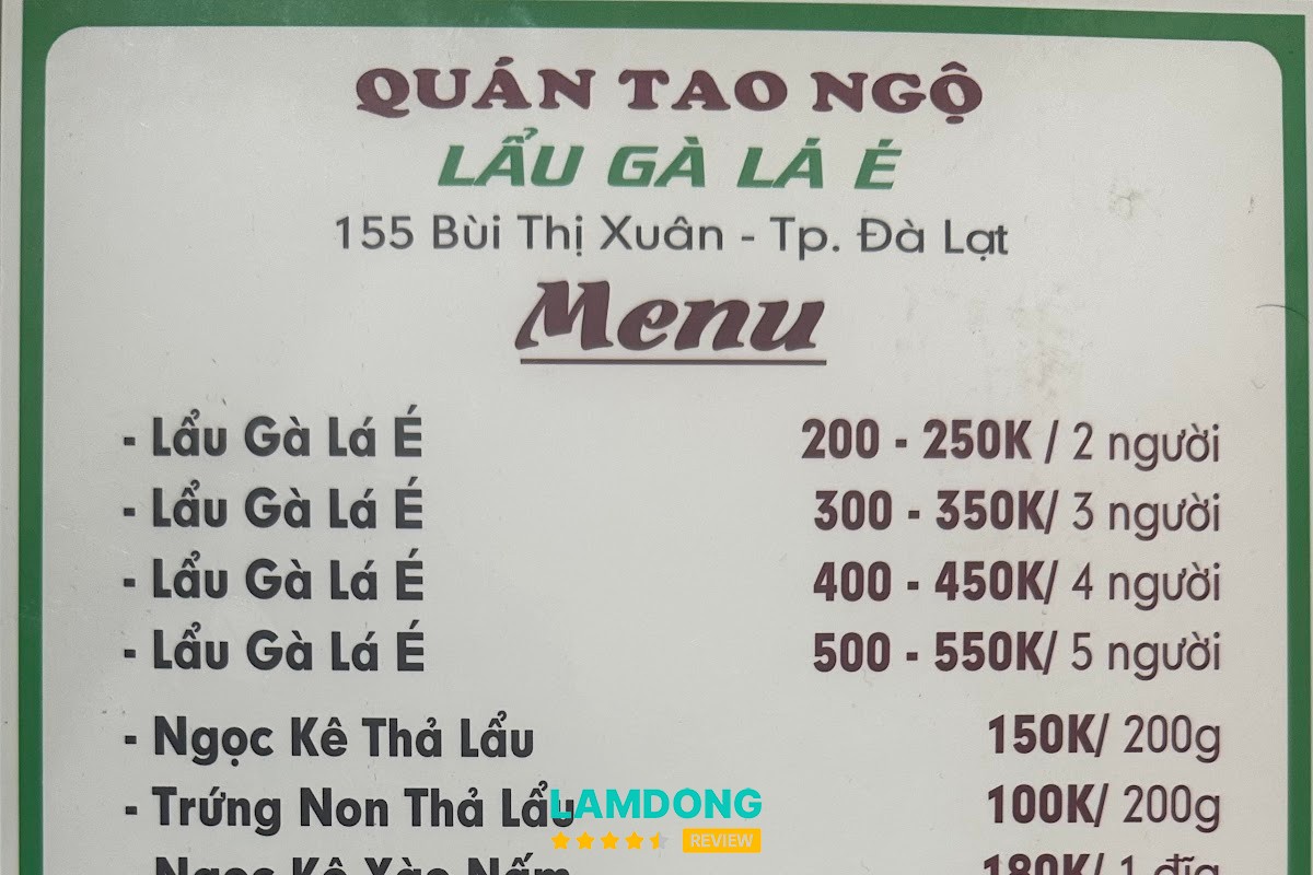 Menu Tao Ngộ 155 Bùi Thị Xuân tại Đà Lạt