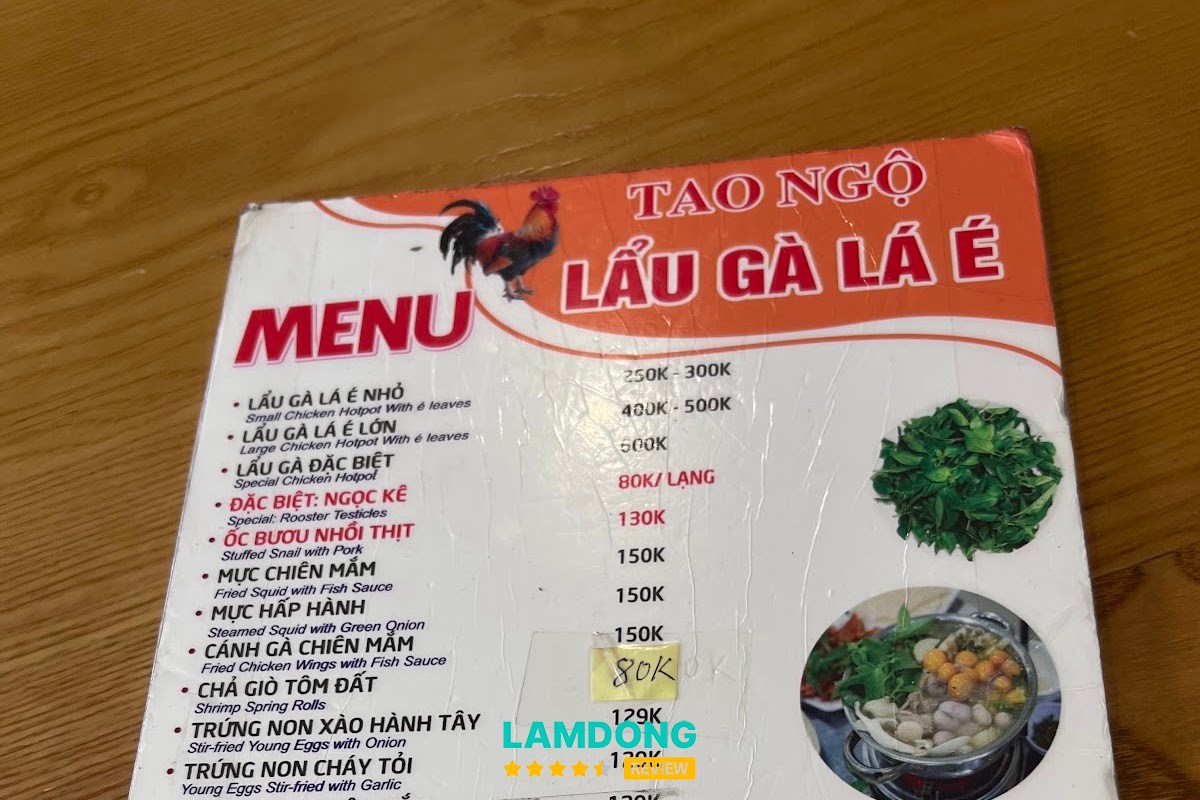 Menu Lẩu gà lá é Tao Ngộ chính gốc tại Đà Lạt