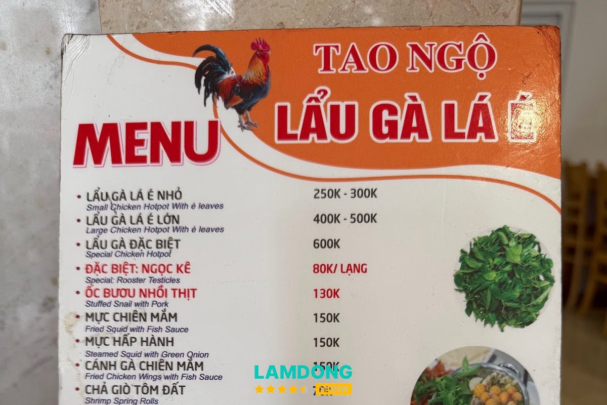 Hình ảnh menu tại Lẩu gà lá é Tao Ngộ chính gốc