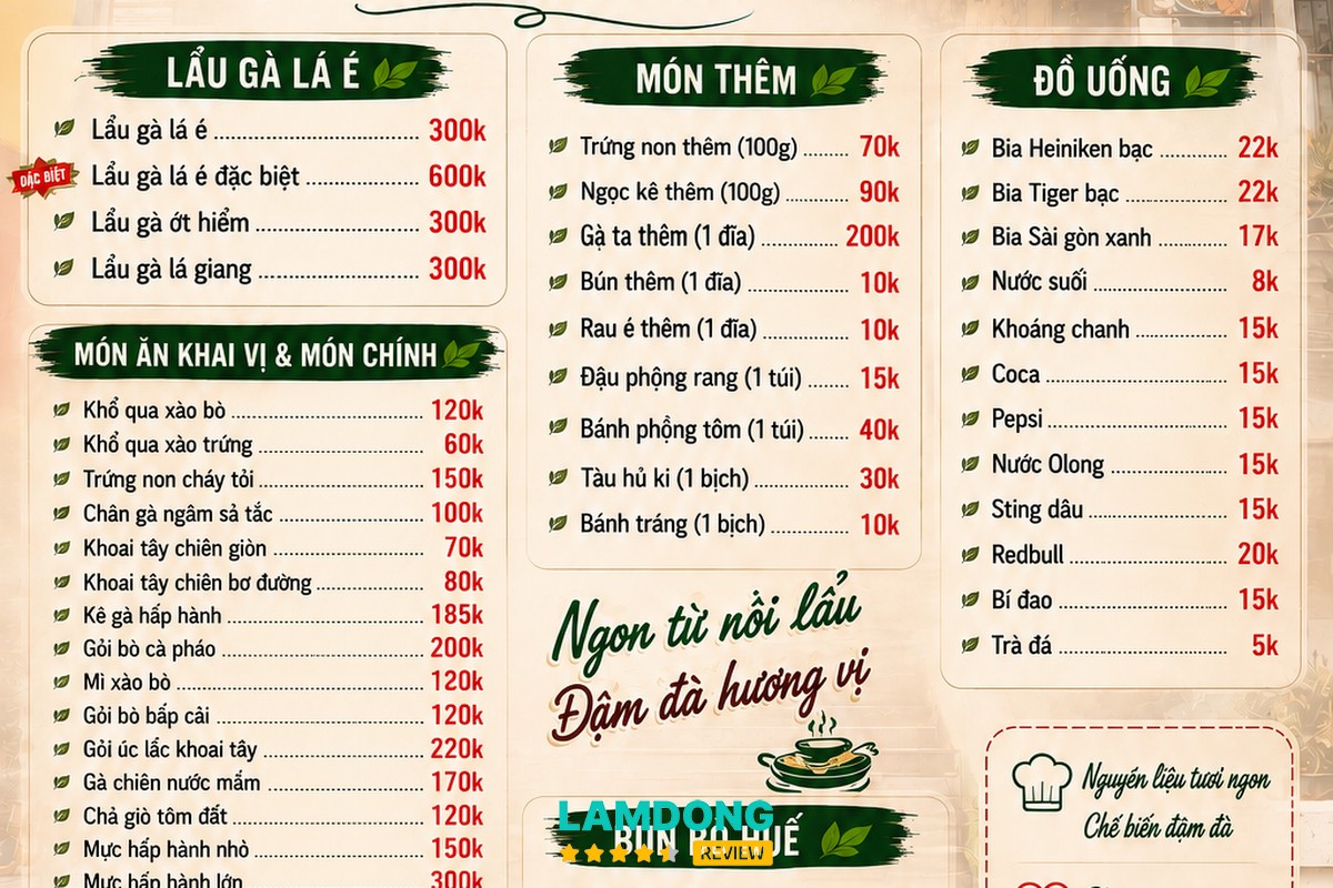 Hình ảnh menu tại Lẩu gà lá é Tao Ngộ Phan Chu Trinh