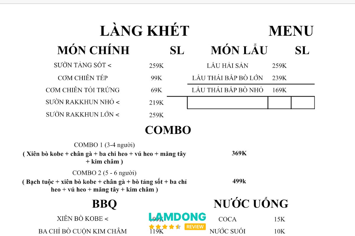 Hình ảnh menu tại Làng Khét Đà Lạt