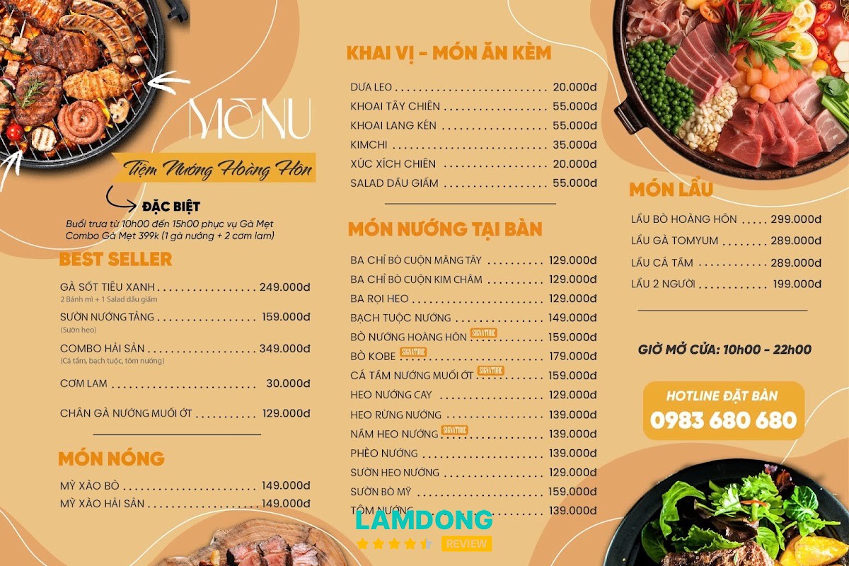 Menu Tiệm nướng Hoàng Hôn tại Đà Lạt