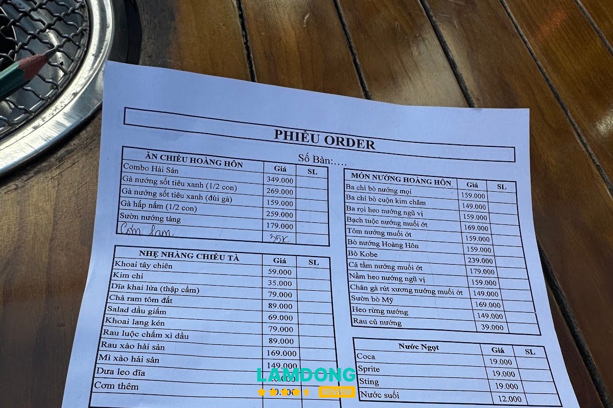 Hình ảnh menu tại Tiệm nướng Hoàng Hôn