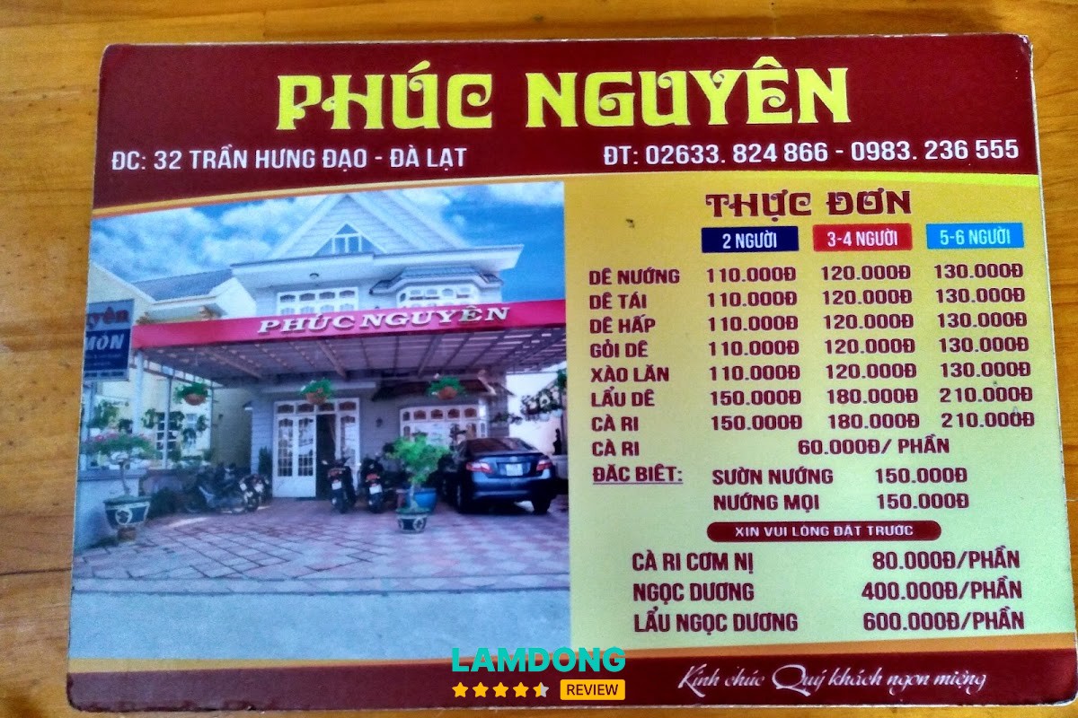 Menu Lẩu Dê Phúc Nguyên tại Đà Lạt