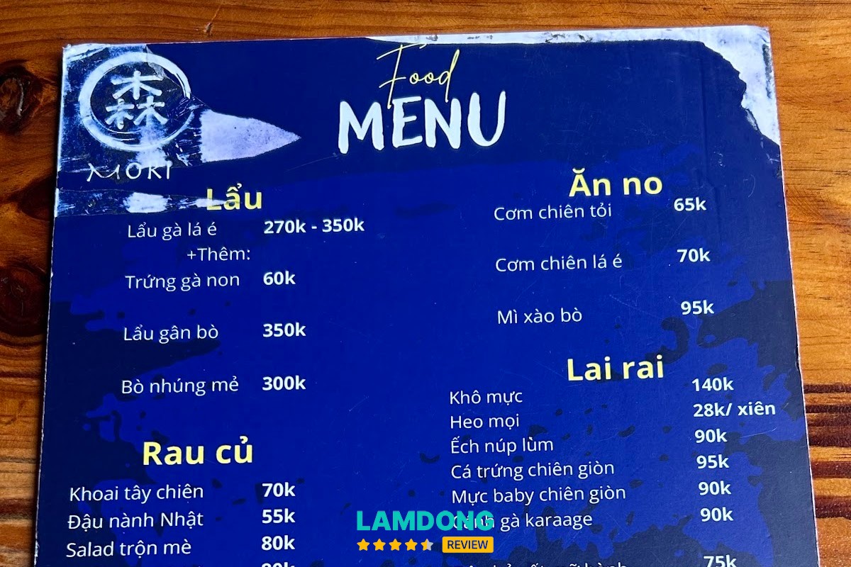 Menu Quán nhậu MORI tại Đà Lạt