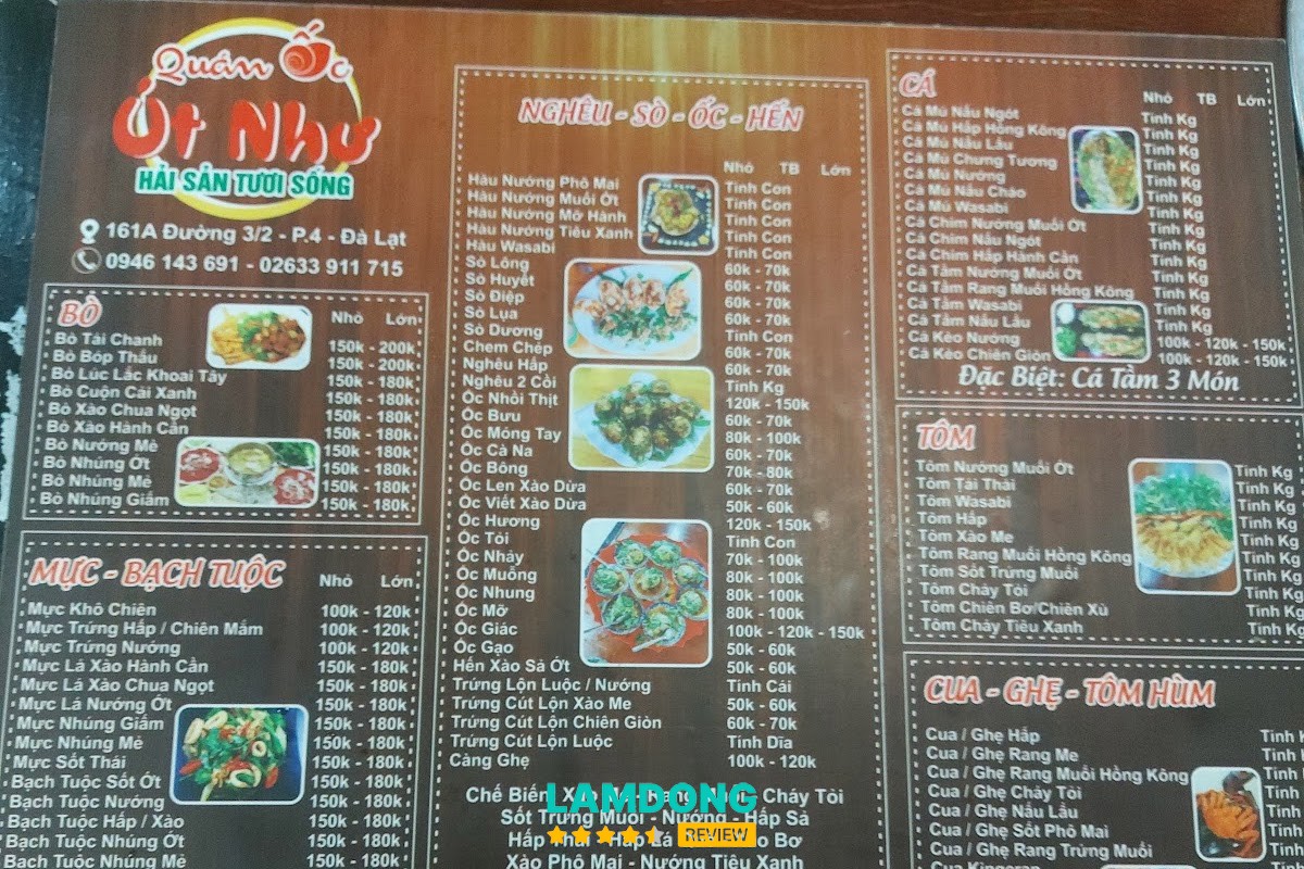 Hình ảnh menu tại Ốc Út Như - Hải Sản Tươi Sống