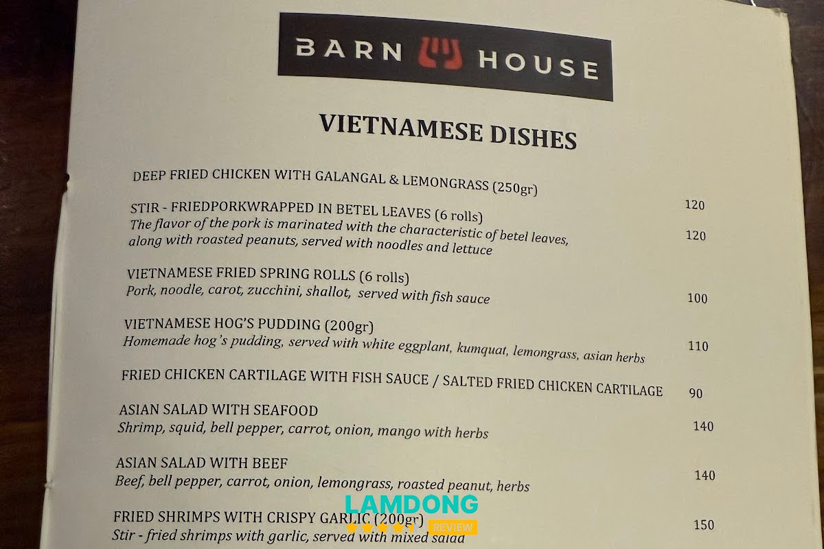 Hình ảnh menu tại Barn House