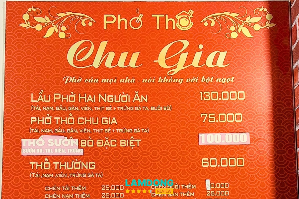 Menu Phở Thố Chu Gia tại Đà Lạt