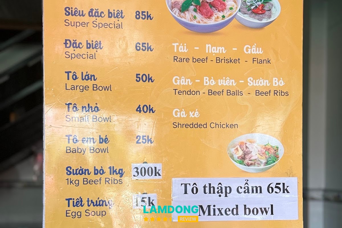 Menu Quán Phở Thưng -Na tại Đà Lạt