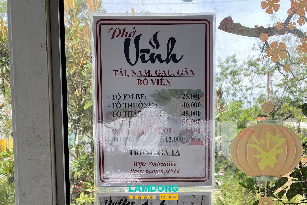 Menu Quán phở Vĩnh Pasteur tại Đà Lạt