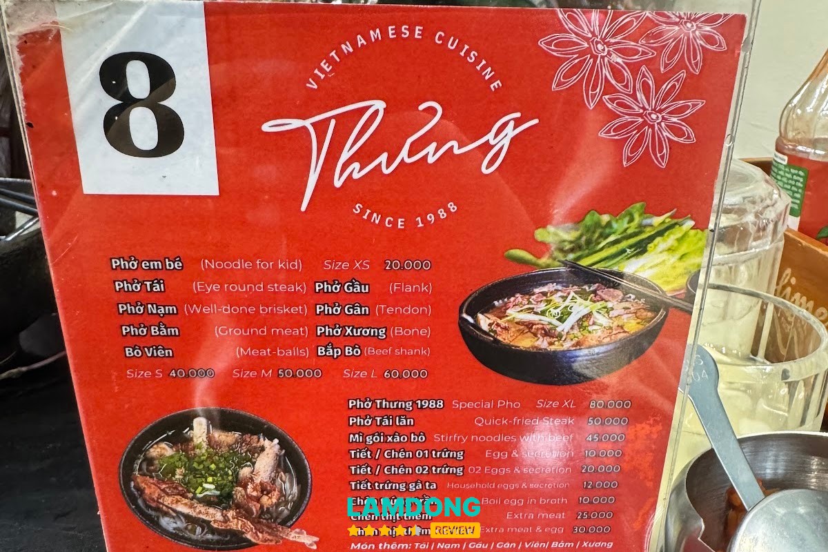Menu Phở Thưng tại Đà Lạt