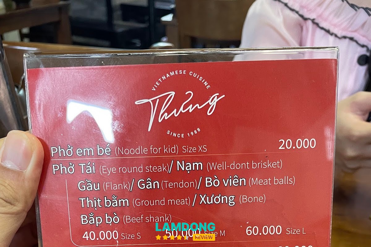 Hình ảnh menu tại Phở Thưng